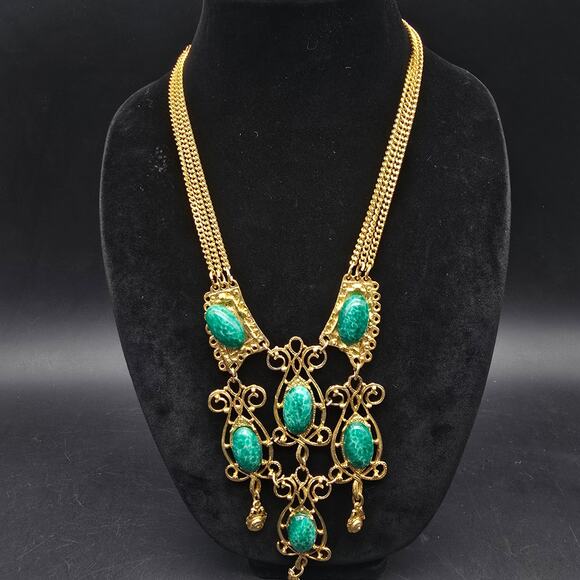 Vintage Peking Glass Bib Necklace Gold Tone Scroll Link - Picture 8 of 10